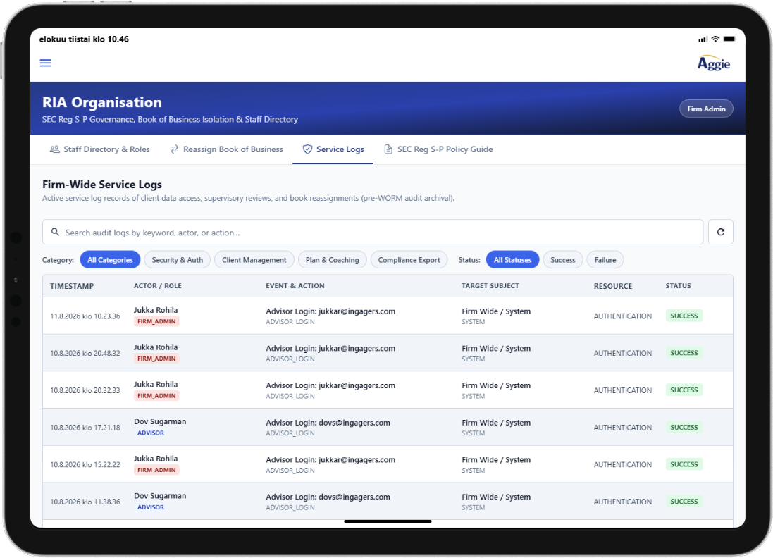 Advisor view of the compliant AI service log and book of business