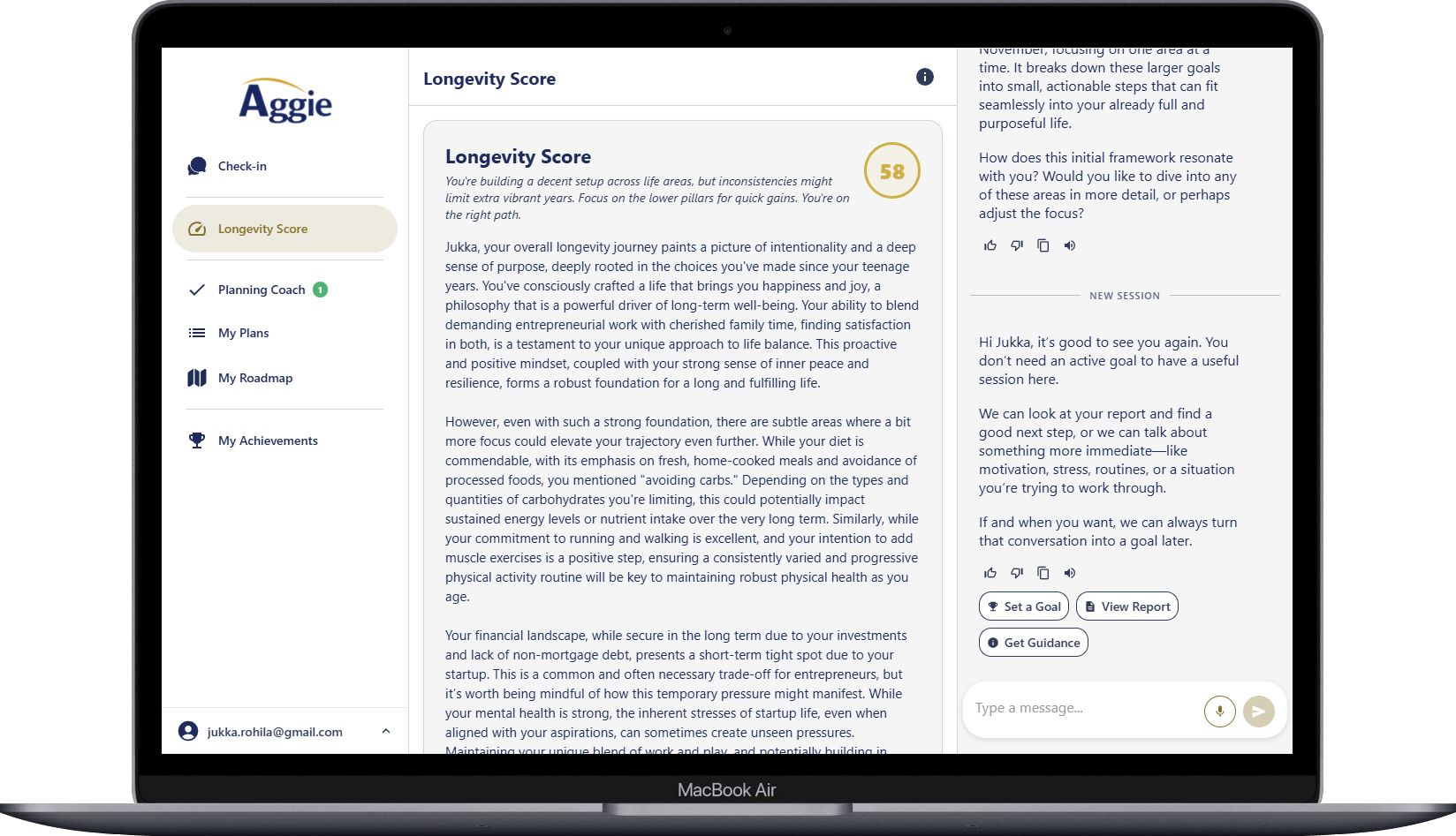 Client view of their longevity score and healthspan assessment report